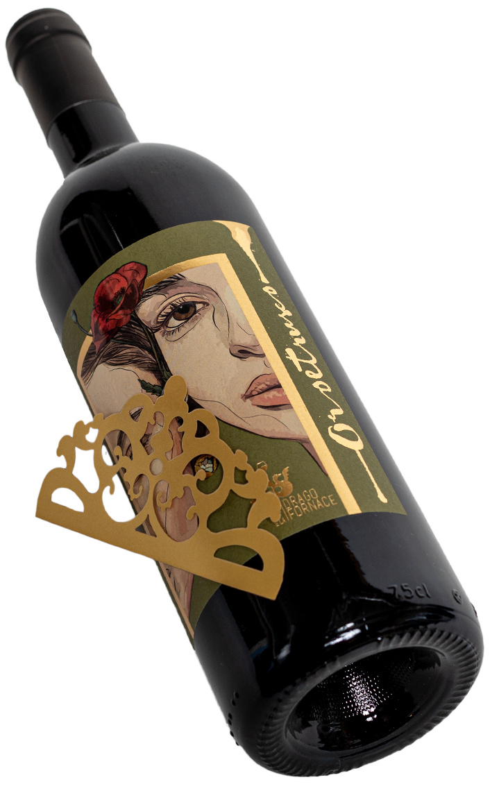 ORo Etrusco Il Drago e la Fornace Rotwein Sangiovese Swagwine Toskana zwei halbe Frauengesichter mit Mohnblume