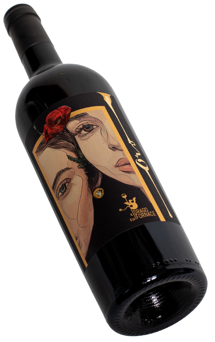 Oro Rosso Il Drago e la Fornace Sangiovese Toskana zwei halbe Frauengesichter mit Mohnblume Swagwine Rotwein